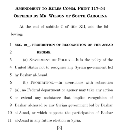 A US Congressman Proposes Banning Any Normalization of an Assad Governmen
